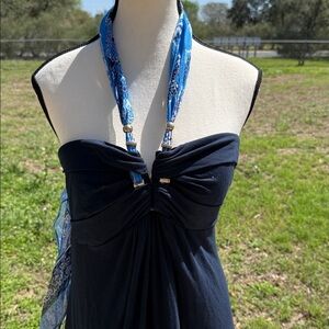 NWT Cache Silk Navy Blue Halter Maxi Dress